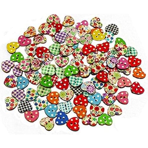 100pcs Multicolored Heart Shaped Wedding Party Decor 2 Holes Wood Sewing Buttons