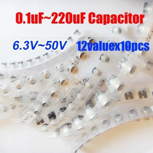 12valuesX10pcs=120pcs SMD 6.3V~50V 0.1uf~220uf Aluminum Electrolytic Capacitor Assortment Kit Pack for Computer Motherboard