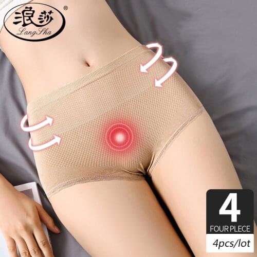 4Pcs/lot Cotton Panties High Waist Sexy Padded Shaper Seamless Womens Slimming Lace Underwear Ladies Breathable Briefs LANGSHA