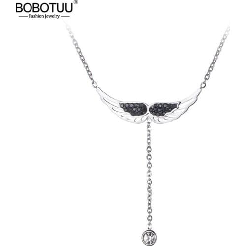 BOBOTUU Trendy Cubic Zirconia Angel Wings Chokers Necklaces Stainless Steel Rhinestone Pendant Jewelry For Women Girls BN19024