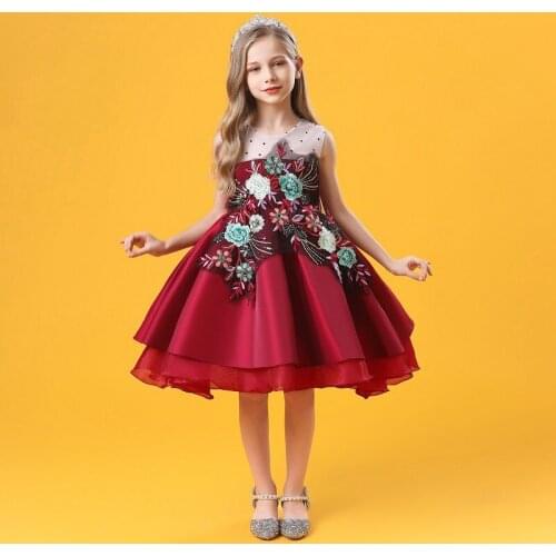 Kids Dresses for Girls 2 To 10 Ages Little Girl Dress Summer Cotton Solid Red Flower Dress Child Bitthday Party Wedding Clothes