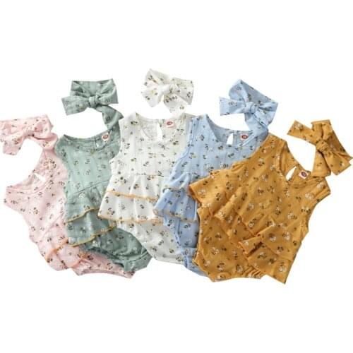 Baby Floral Print Clothes Set, Girls Sleeveless Ruffle Hem O-neck Romper + Bow-knot Headband