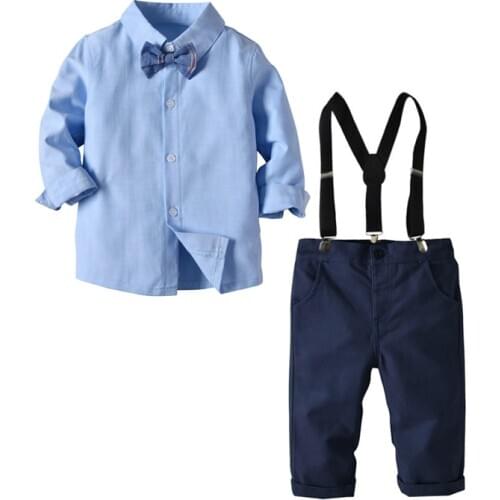 Childrens Suit Boy Long Sleeve Blue Shirt Bow Tie Strap Trousers Suit Gentleman Outfit Four-piece Suit
