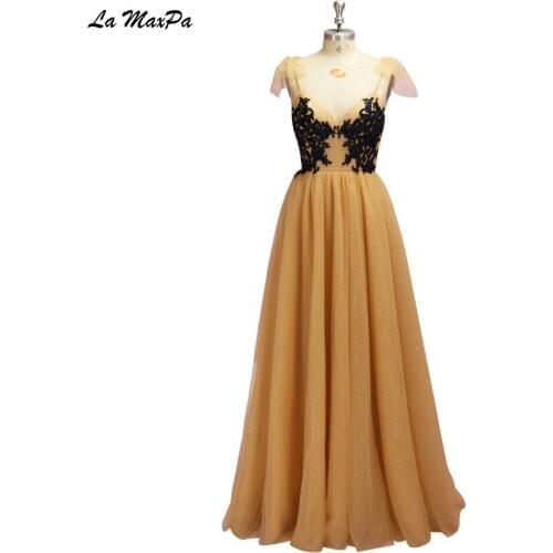 Black Appliqued Gold Long Bridesmaid Dress CMT112