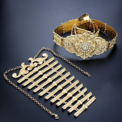 Sunspicems Traditional Turkish Caucasus Women Belt Necklace Bridal Wedding Jewelry Sets Gold Color Waist Belt Chain Breastplate