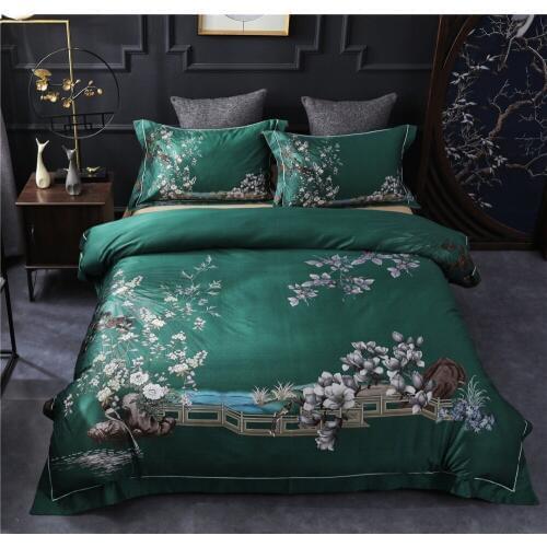 Luxury Digital Printing 60S Egyptian cotton Bedding sets Queen King Pastoral Duvet cover Bed sheet set Pillowcases 4pcs Green