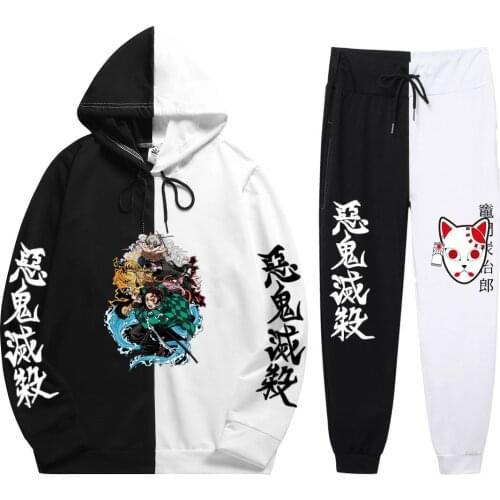 Summer New Mens 2 Pieces Sets Anime Harajuku Demon Slayer Tanjiro Print Patchwork Thin Hoodie+PatchworkPants Sweatshirt