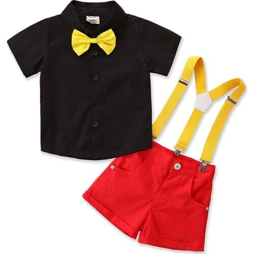 New Toddler Boys Gentleman Suits, Summer Short Sleeve Bowtie Lapel Shirt + Bib Shorts Set