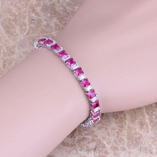 Red Cubic Zirconia White CZ Silver Plated Link Chain Bracelet 7 inch S0311