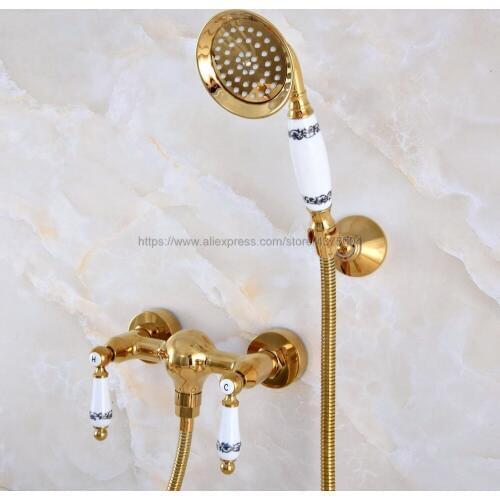 Gold Color Brass Bathroom Shower Faucet Mixer Tap With Hand Shower Head Shower Faucet Set Wall Mounted Nna980