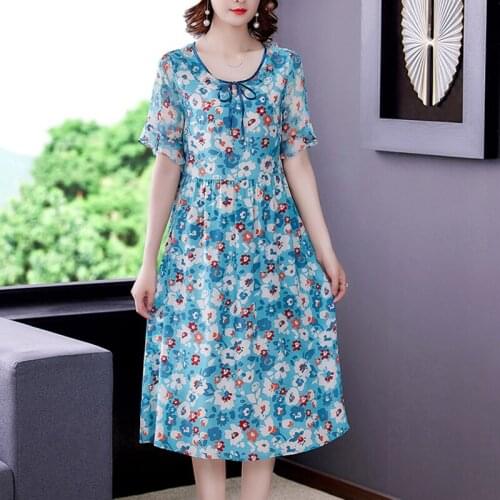 Summer Elegant Blue Floral Mulberry Silk Midi Dress 2021 Vintage 4XL Plus Size Beach Chiffon Dress Women Bodycon Party Vestidos