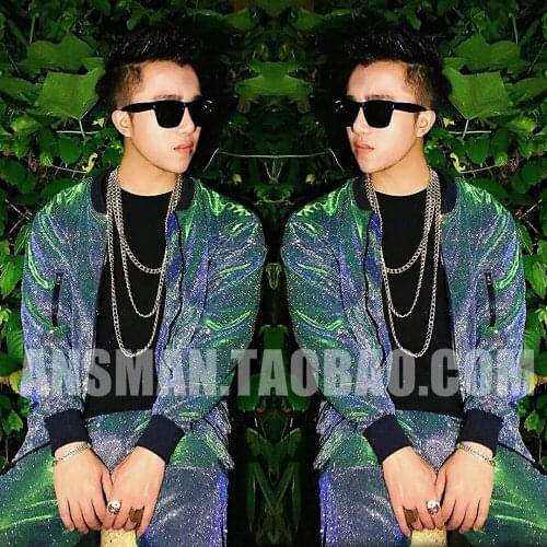 Fashion New Nightclub Male singer Dj stage Jacket Flash powder blue green iridescence gradient hip-hop baseball uniforms