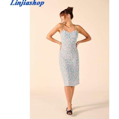 Fashion summer dress women slash neck bow spaghetti straps zipper floral print chic beach midi dress sleeveless vestido mujer