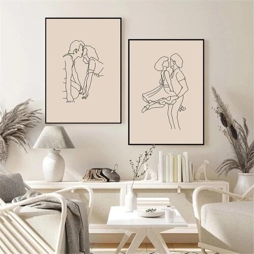 Abstract Couple Kiss Wall Art Poster Dance Female Male Art Print Beige Line Drawing Canvas Painting Nordic Pictures Home Decor