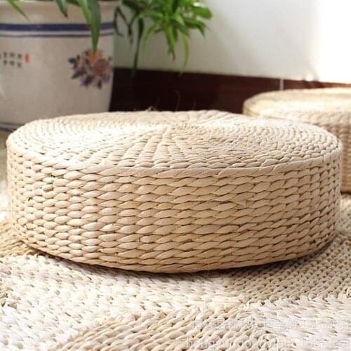 Natural Straw Round Pouf Tatami Cushion Weave Handmade Pillow Floor Japanese Style Cushion with Silk Wadding 3 size