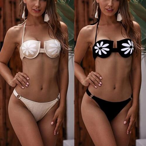 Solid Flower Low Waist Bikinis Womens Lace Up Backless Swimwear Two Pieces Push Top Swimsuits Micro Biquini Sexy Beach Thongs