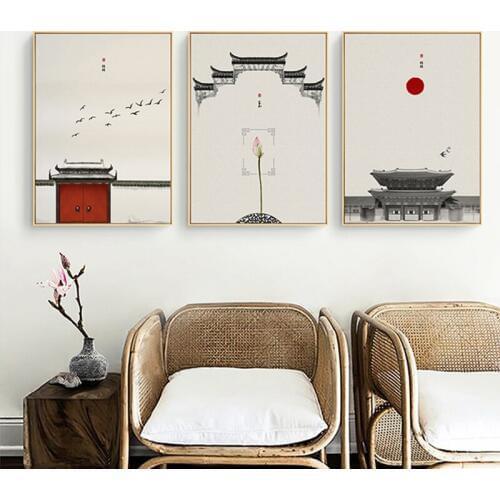 Retro Style Ink Painting Print on Canvas Chinese Forbidden City Landscape Poster Wall Art Picture for Living Room Decor Painting