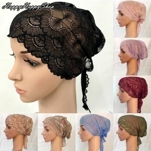 Muslim Women Floral Lace Cap Inner Hijab Islamic Lace Stretch Headband Turban Beanies Hat Arab Ladies Headwear Ramadan Headwrap
