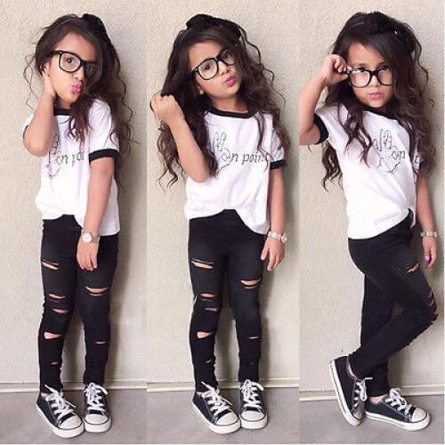 Tops Ripped Pants Cut Trousers 2pcs Outfits Set 2PCS Cute Baby Kids Girls Summer Clothes Sets Fashion Outfits 2 3 4 5 6 7 Years