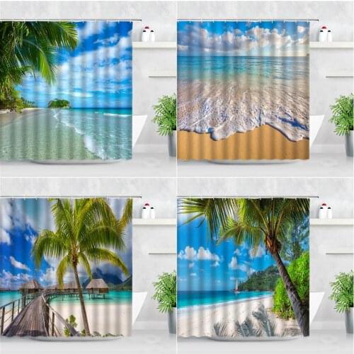 Palm Trees Ocean Landscape Shower Curtain Beach Wooden Bridge Sea Waves Hawaii Scenery Wall Cloth Waterproof Bathroom Curtains