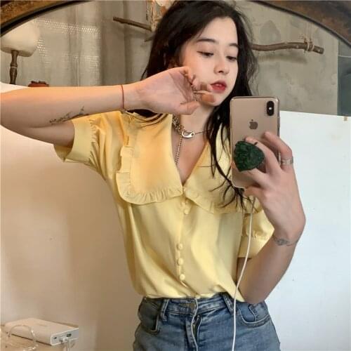 Female Sweet Chiffon Yellow Women Blouse Shirt Spring Summer Soft Girly Peter Pan Collar Short Sleeve Buttons Slim Ladies Shirts