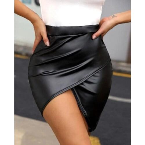 Women new Faux Leather Skirt Pleated Asymmetric High Waist Slim Mini pu Skirt Fashion Streetwear Elegant Casual Ruched Skirt