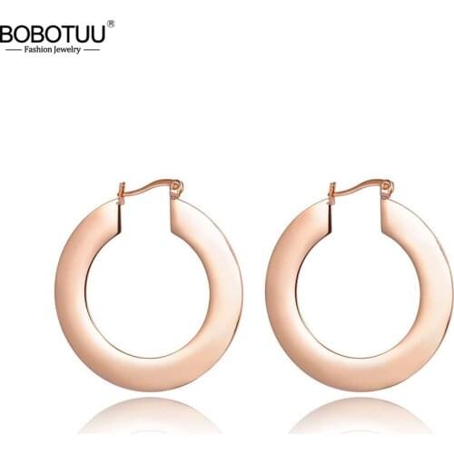 BOBOTUU New Arrive Geometry Round Flat Titanium Steel Rose Gold Color Ladies Earrings Jewelry For Women BE17057