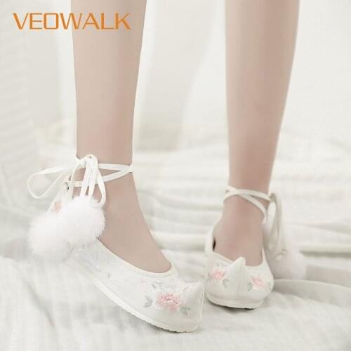 Veowalk Women Cotton Fabric Embroidered Hanfu Shoes Platforms Ankle Strap Vintage Ladies Comfort Costume Dance Ballet Flats