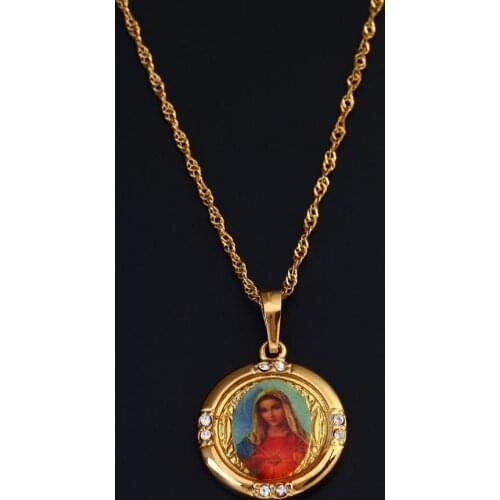 Gold Color Virgin Mary Pendants Necklace Women Religious Prayer Rhinestone Jewelry