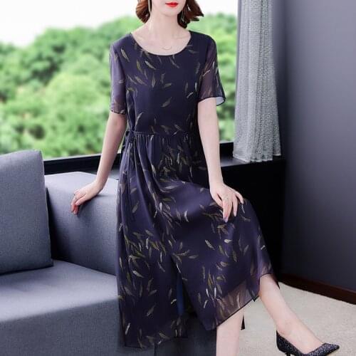 2021 Vintage Casual 3XL Plus Size Mulberry Silk Dress Summer Print Chiffon Beach Midi Dress Women Elegant Bodycon Party Vestidos