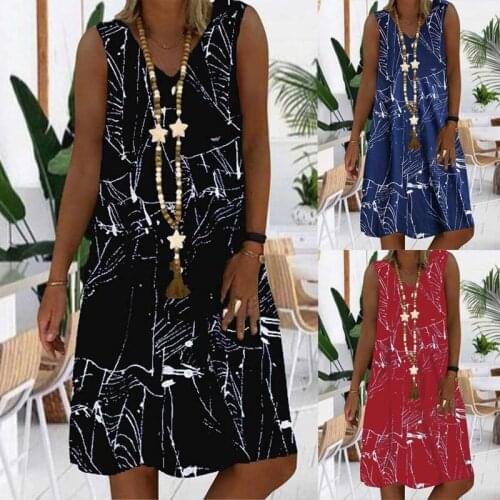 Women Vintage Printed Dresses Summer Bohemian Loose V-Neck Sleeveless Beach Mini Dresses Female Casual Vestidos Plus Size S-5XL