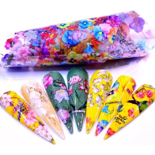 LCJ 10PCS Colorful Flowers Laser Matte Nail Transfer Foils Nail Art Polish Wraps Decals DIY Nail Beauty Stickers Accessories