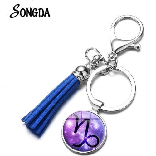 12 Zodiac Sign Blue Tassel Keychain Gemini Virgo Scorpio Sagittarius Constellation Series Glass Cabochon Key Chains Gift