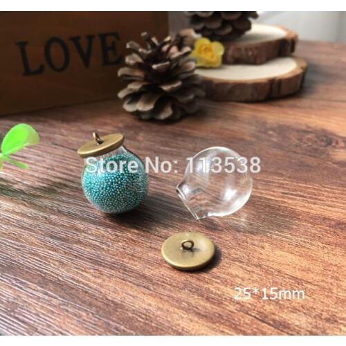 20sets/lot 25*15mm glass globe antiage bronze plated base tray jewelry vial pendant round orbs ball copper chain 70cm