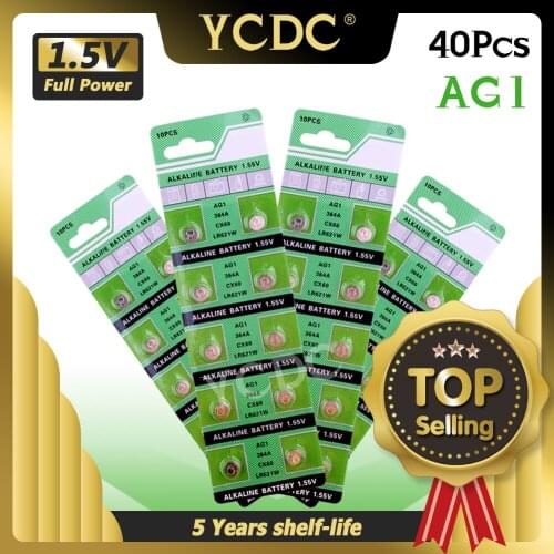 40Pcs/lot AG1 AG 1 Watch Clock Battery Pilas LR621 LR 621 LR621W SR621SW SR621 1.55V Button Coin Cell Batteries