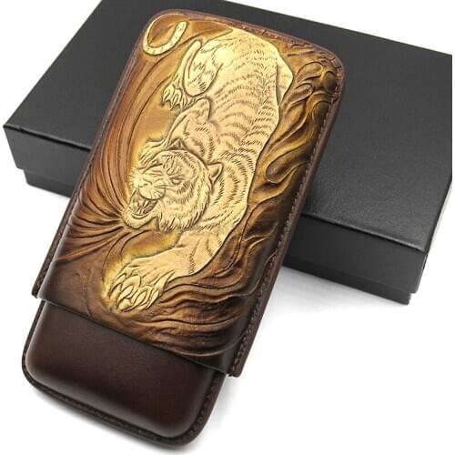 COHIBA Genuine Leather Brown Cigar Accessories Travel Embossed Tiger 3 Tube Tobacco Cigarette Case Humidor Holder Smoking Tool