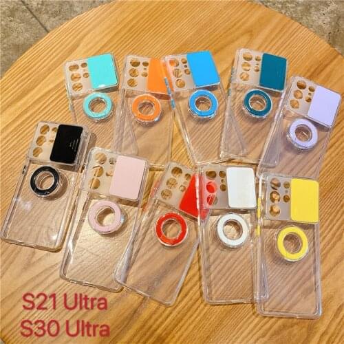 Slide Camera Lens Protection Case For Samsung Galaxy S21 Ultra S21 Plus S21 FE 5G Soft TPU Shell Ring Holder Stand Back Cover