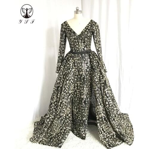 Best Selling Plunging V Neck Bling Bling Glitter Fabric Straight Long Sleeve Black Evening Dresses with Overskirt