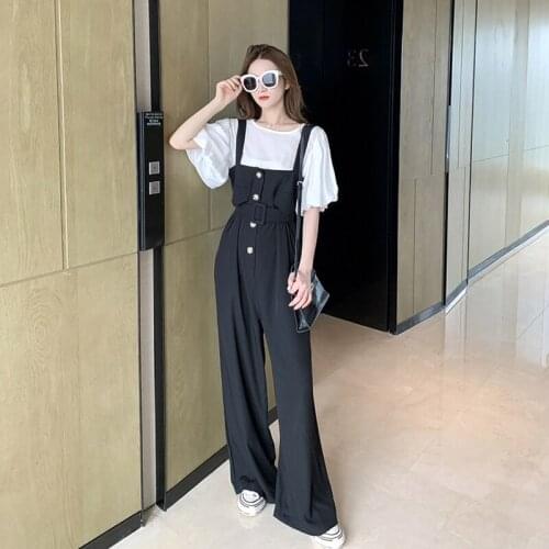 Women Loose Casual Suit Set Lady High Waist Overalls Jumpsuit Wide Leg Pants