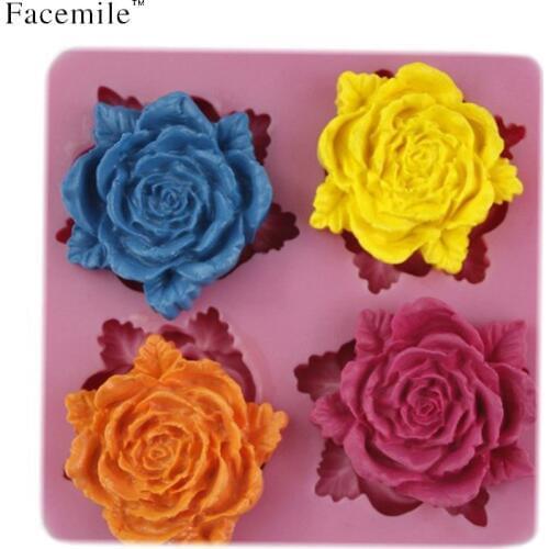 Facemile 4 Rose Flower Shape Fondant Decoration Silicone Cake Molds Cupcake Decorating Baking Tools Gift