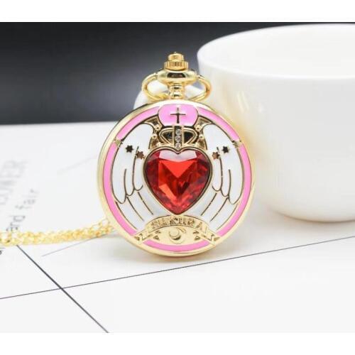 Golden Magic SAKURA Pendant Pocket Watch for Girls Classic Anime Necklace Clock Gifts for Students Woman Gift Watch