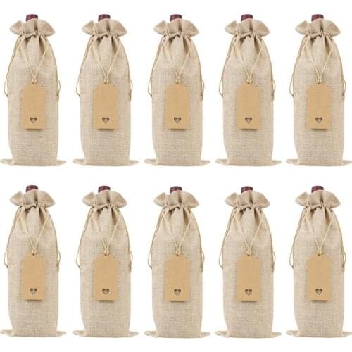 Burlap Wine Bags Wine Gift Bags with Drawstrings, Single Reusable Wine Bottle Covers with Ropes and Tags (10 Pcs)
