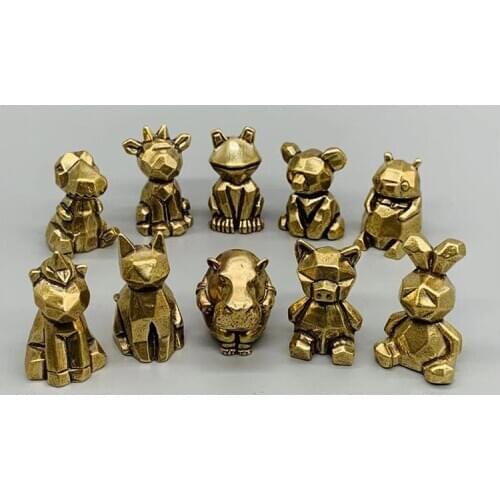 Mini Creative Brass Animal Statue Vintage Miniature Geometry Frog Hippo Home Office Desk Decoration Ornament Funny Toy Gift