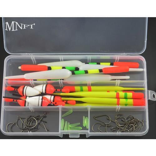 MNFT 3 size15 Pieces Vertical Fishing Float Buoy Rubbbers Fishing Lures Kit+ 30pcs Hooks Combo Box-packed