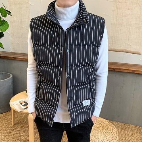 Mens Winter Warm Vest Coat Slim Fit Sleeveless Gilet Jacket New Fashion Black Plaid and Striped Stand Collar