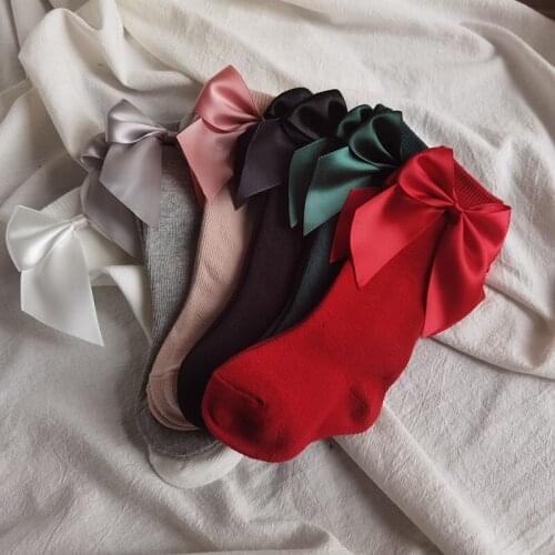 1-5Years Baby Toddler Girls Knee High Socks Solid Color Bowknot Anti-Slip Cute Wild Cotton Long Stockings