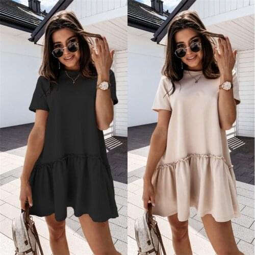 Dresses for Women Temperament, Fashion and Elegance, Summer Pure Color Short-sleeved Home Womens Loose Round Neck Ruffle LYQ280