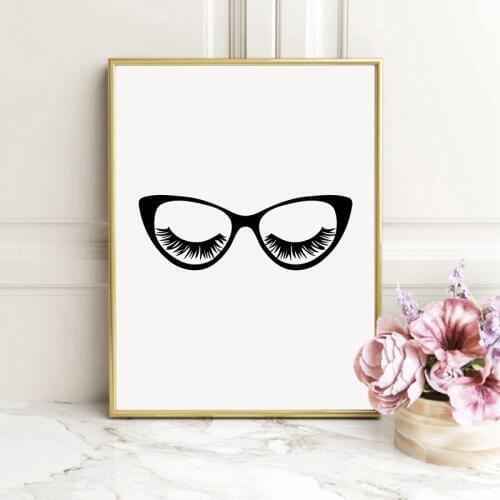Eyelashes and Glasses Art Canvas Paitning Girls Room Wall Pictures Decor , Modern Minimalist Makeup Eyelashes Art Prints Poster