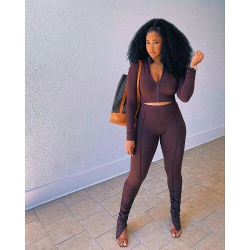 RMSFE 2021 Womens Long Sleeve Round Neck Zipper Fashion Pleated Solid Color Pants Two Piece Set