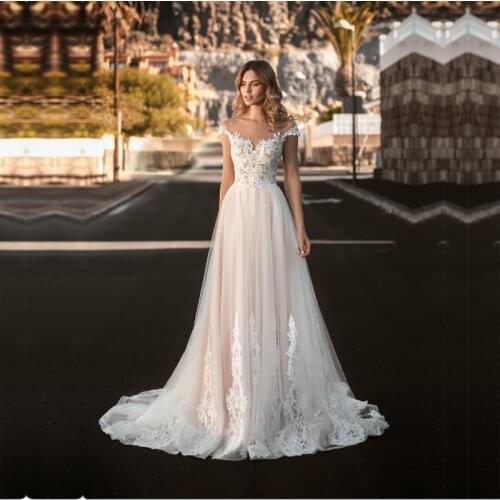 Pink Tulle A Line Wedding Dresses 2021 O-Neck Cap Sleeve Applique Lace Bridal Gown Custom Made Wedding Gowns Backless Button